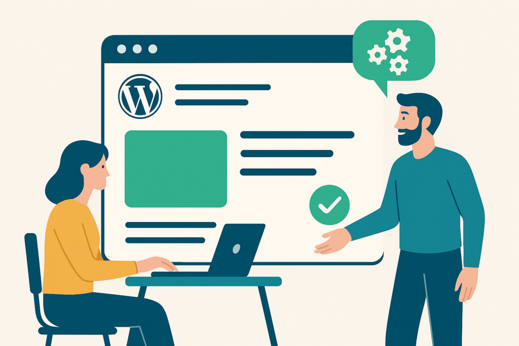 Illustration représentant une collaboration professionnelle entre une agence de communication et un freelance web