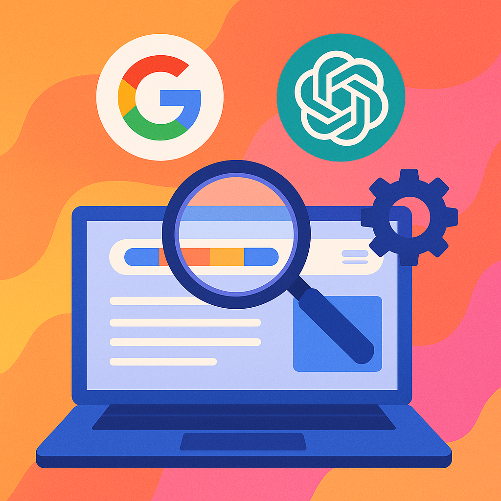 Illustration colorée représentant l’optimisation SEO pour WordPress et l’intelligence artificielle
